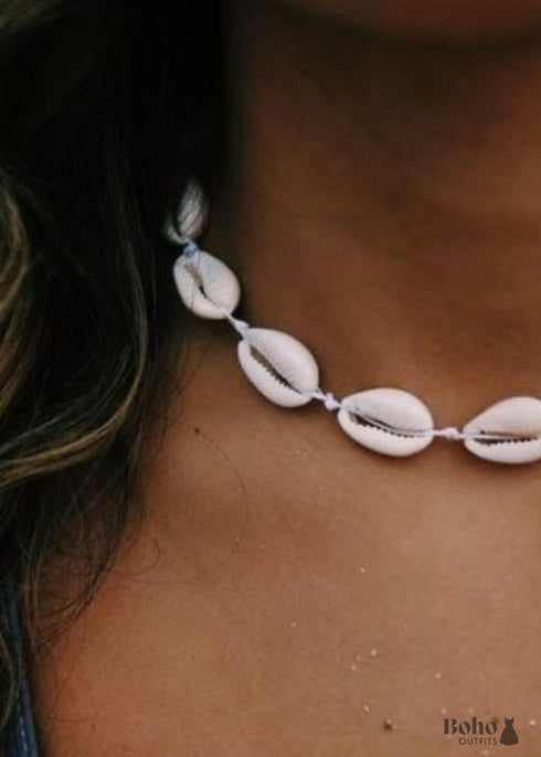 Boho Necklace, White Puka Shell, Black Ocean